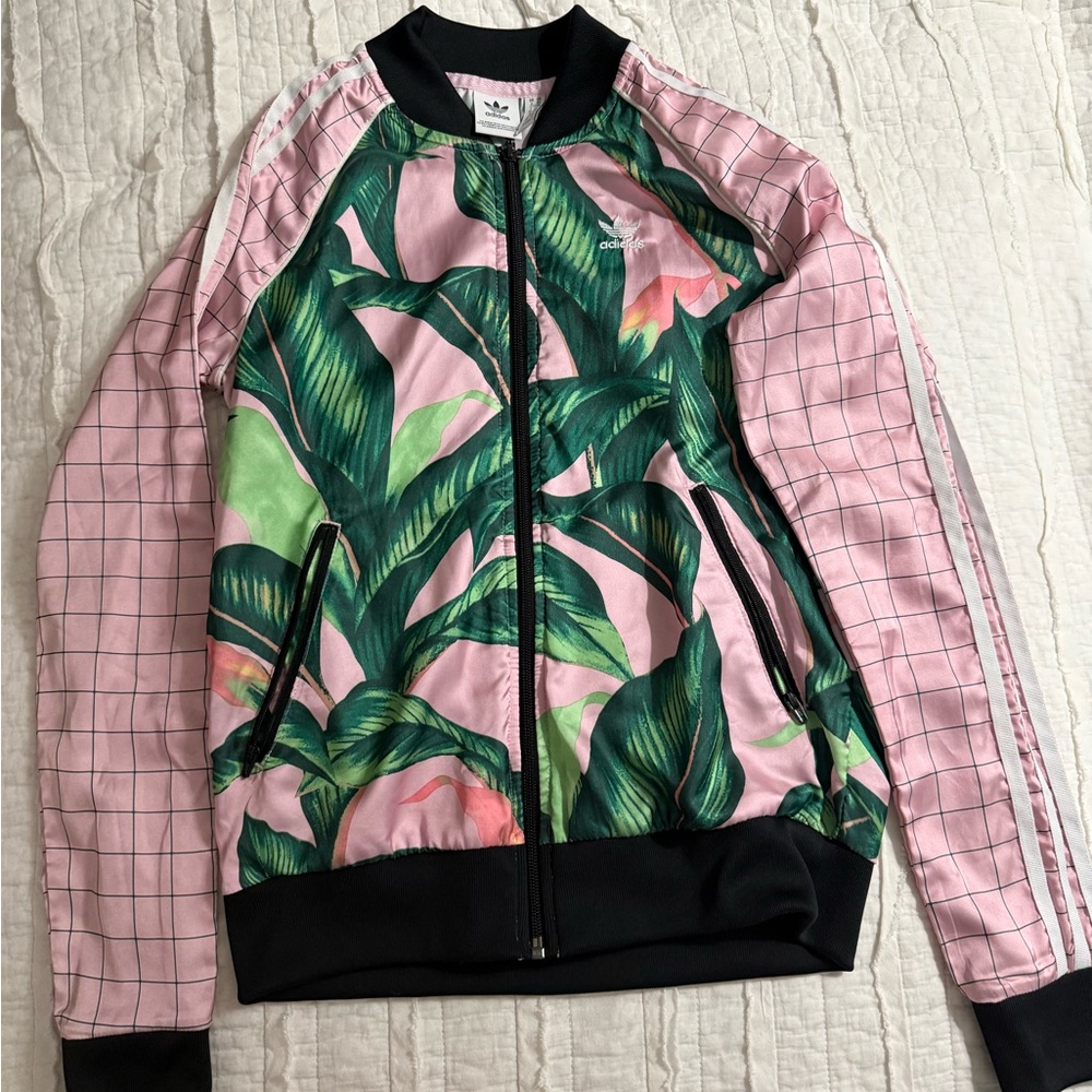 Adidas Women's Pink and Green Leaf Bomber Jacket